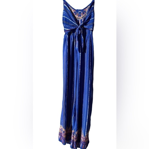 Flying Tomato Boho Rayon blue striped print lightweight jumpsuit Sz S smocked - Picture 2 of 8